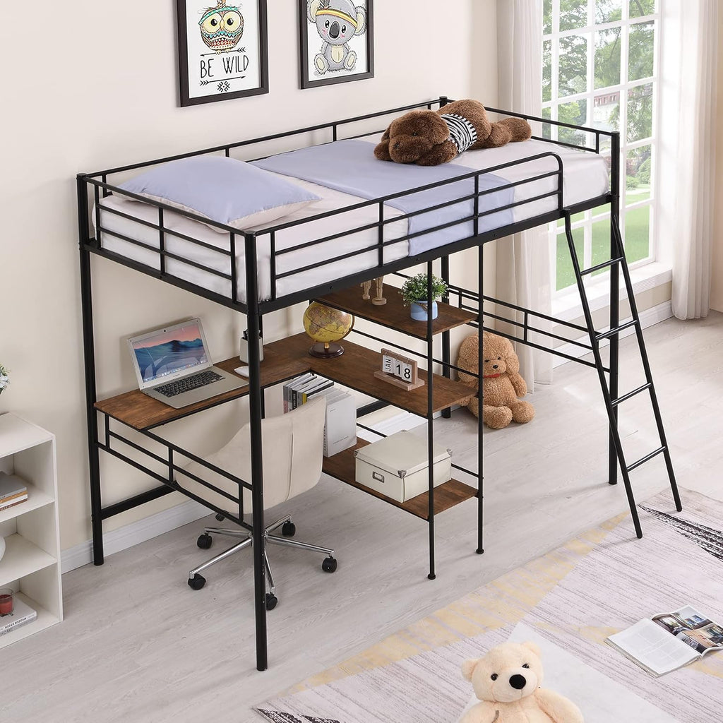 Black Metal Twin Size Loft Bed with Built-in Desk and Shelves Z465