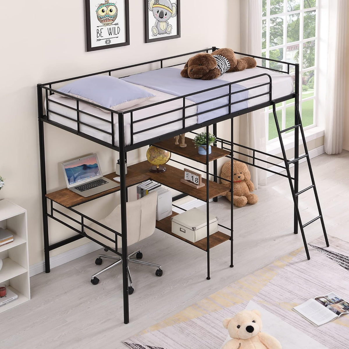 Black Metal Twin Size Loft Bed with Built-in Desk and Shelves Z465