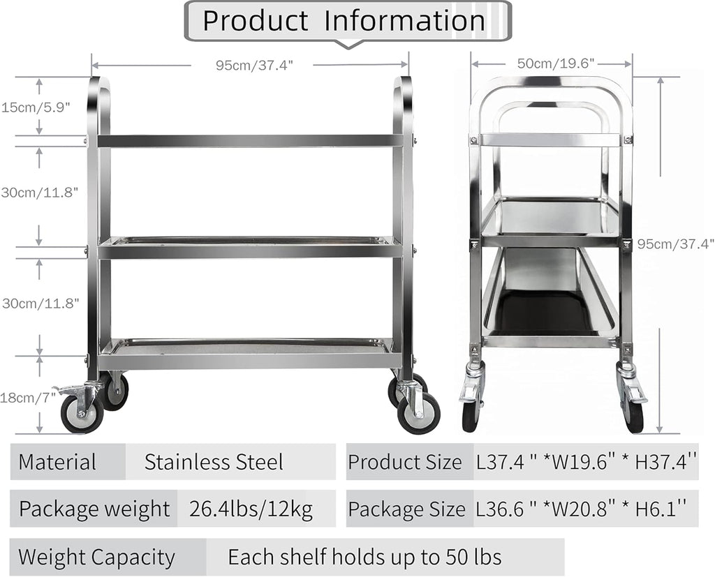 3 Tier Stainless Steel Utility Cart with Locking Wheels P141