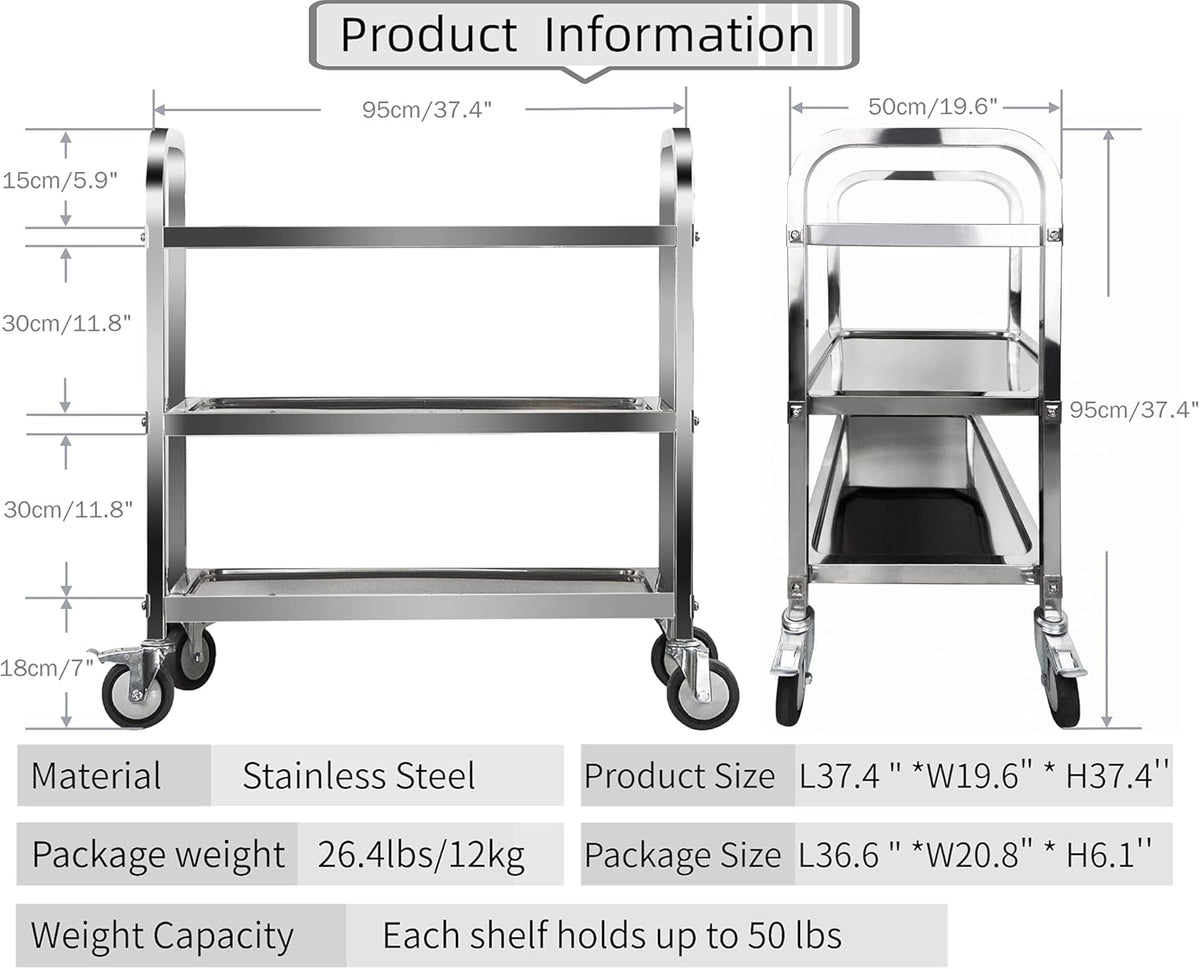 3 Tier Stainless Steel Utility Cart with Locking Wheels P141