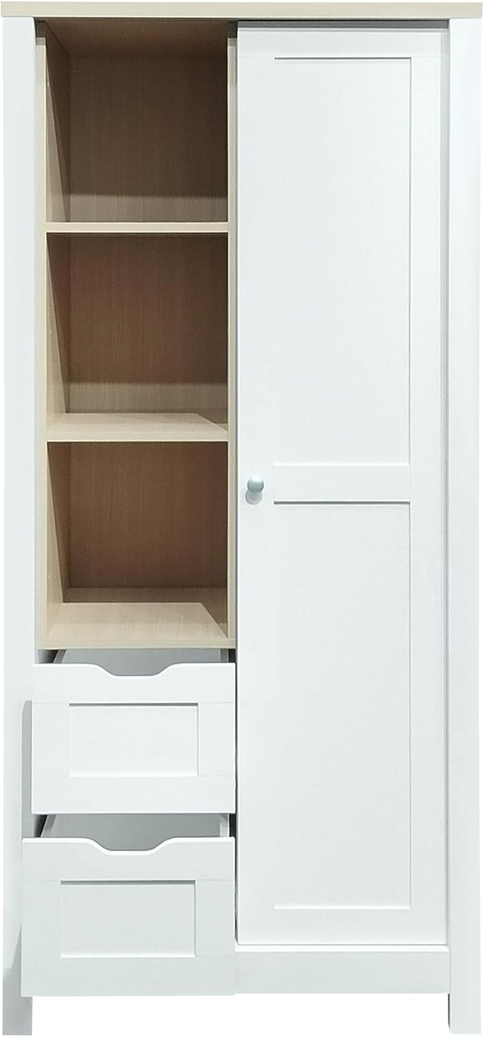 White Freestanding Wooden Wardrobe with 1 Sliding Door and 2 Drawers Q341650