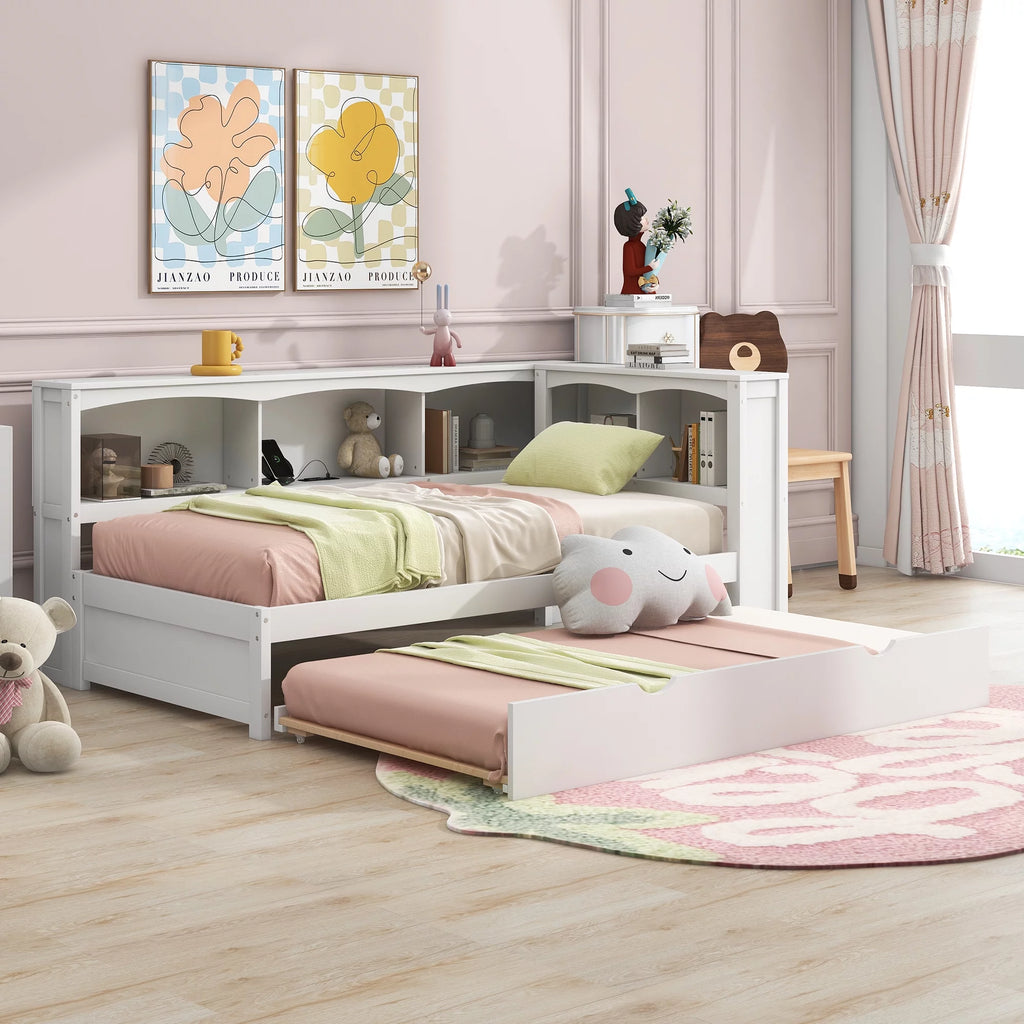 Twin over Twin Size Wood Daybed with Trundle and Storage Cabinets (White) Q866254