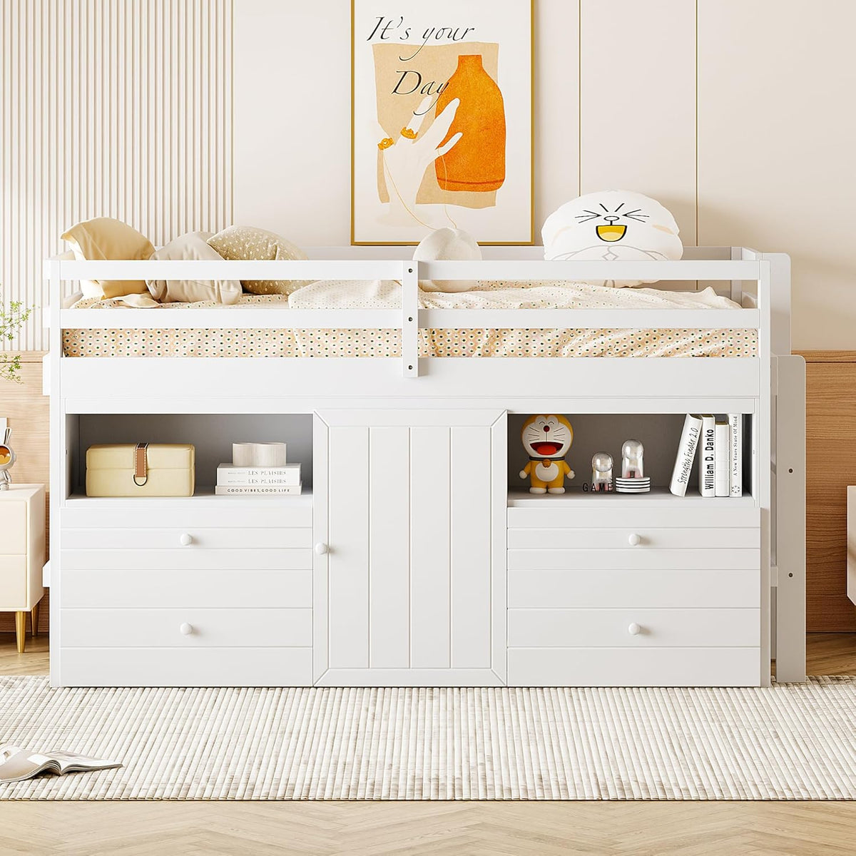 White Wooden Twin Size Loft Bed with 4 Drawers S71216