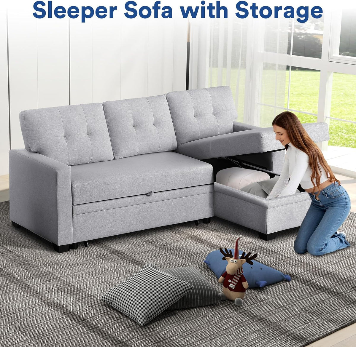 Light Gray L Shaped Couch with Pull Out Bed and Storage Sectional Sleeper Sofa H6147