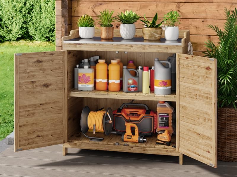 Outdoor Potting Bench with Metal Tabletop and Adjustable Shelf A5187