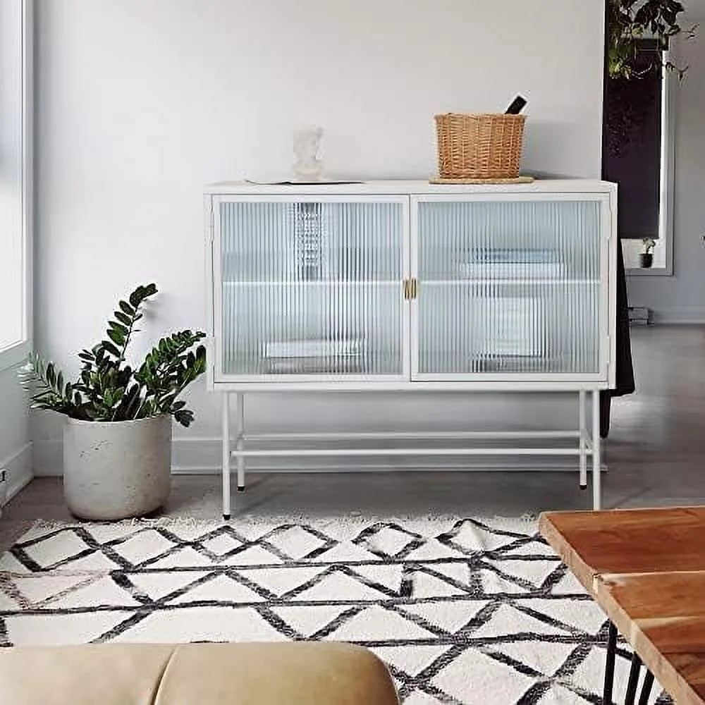 White Fluted Glass Corner Cabinet Sideboard N26279
