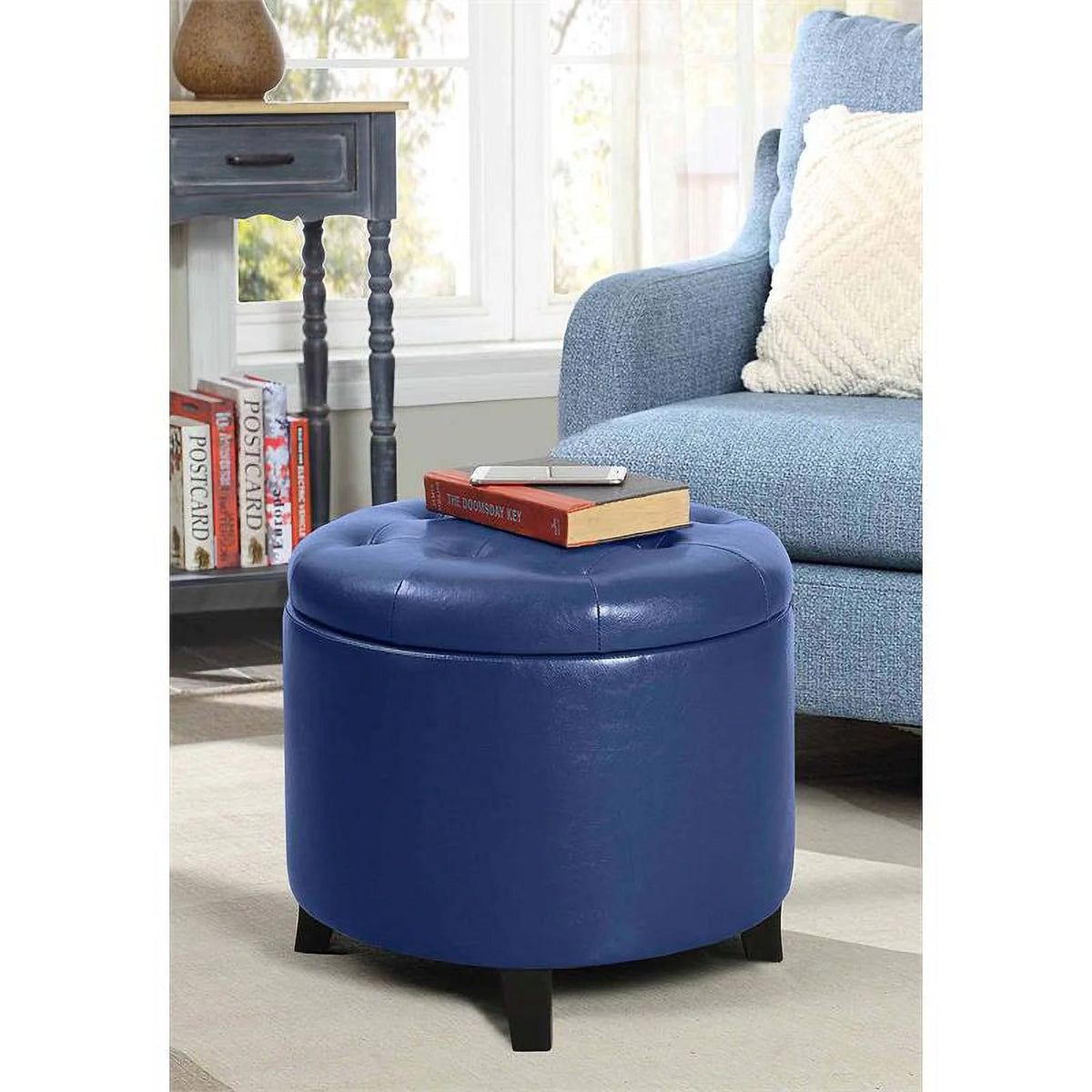 Blue Faux Leather Round Ottoman Q619