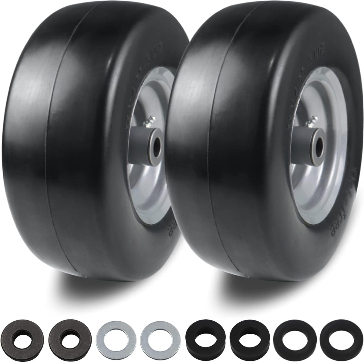 2 PCS 11x4.00-5" Flat Free Lawn Mower Tire on Wheel, 3/4" or 5/8" Bushing, Centered Hub, Smooth Tread Tire C14884