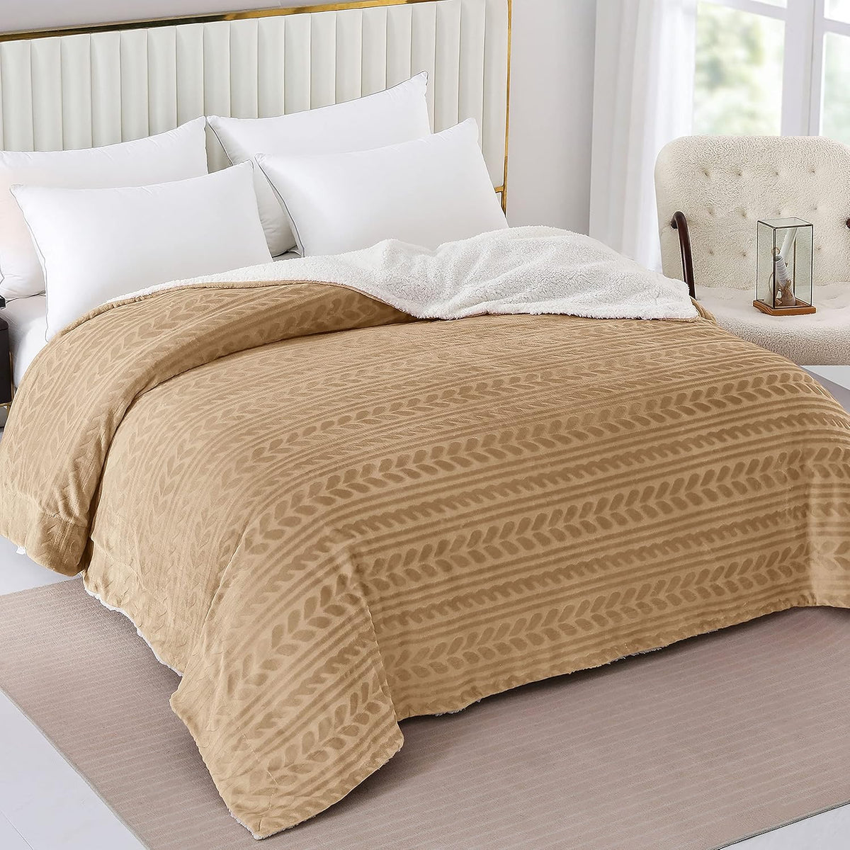 Camel Sherpa Fleece Throw Blanket with Leaves Pattern P935106