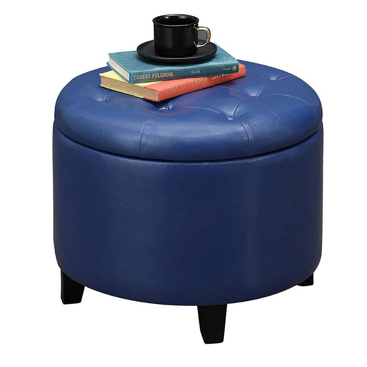 Blue Faux Leather Round Ottoman Q619