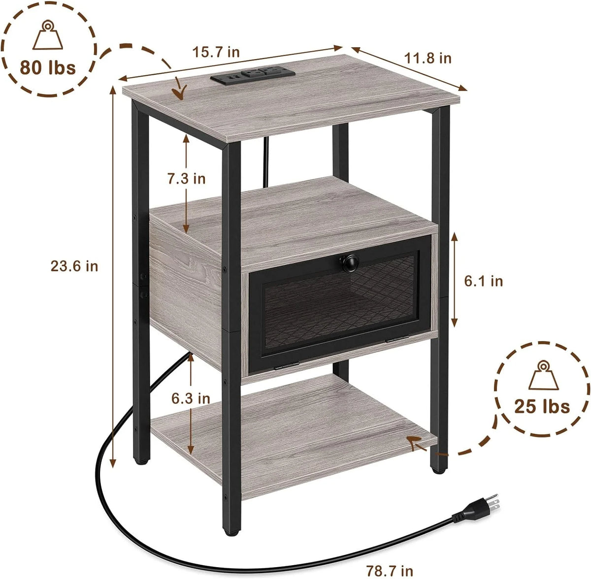 Brown Nightstand with Charging Drawer W43109
