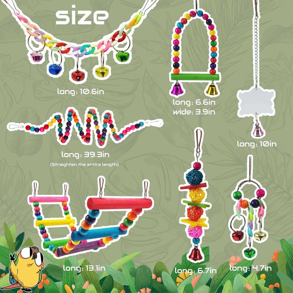7 Pcs Colorful Bird Toys with Hammock Swing Ladders Mirror Bell Perch P852492
