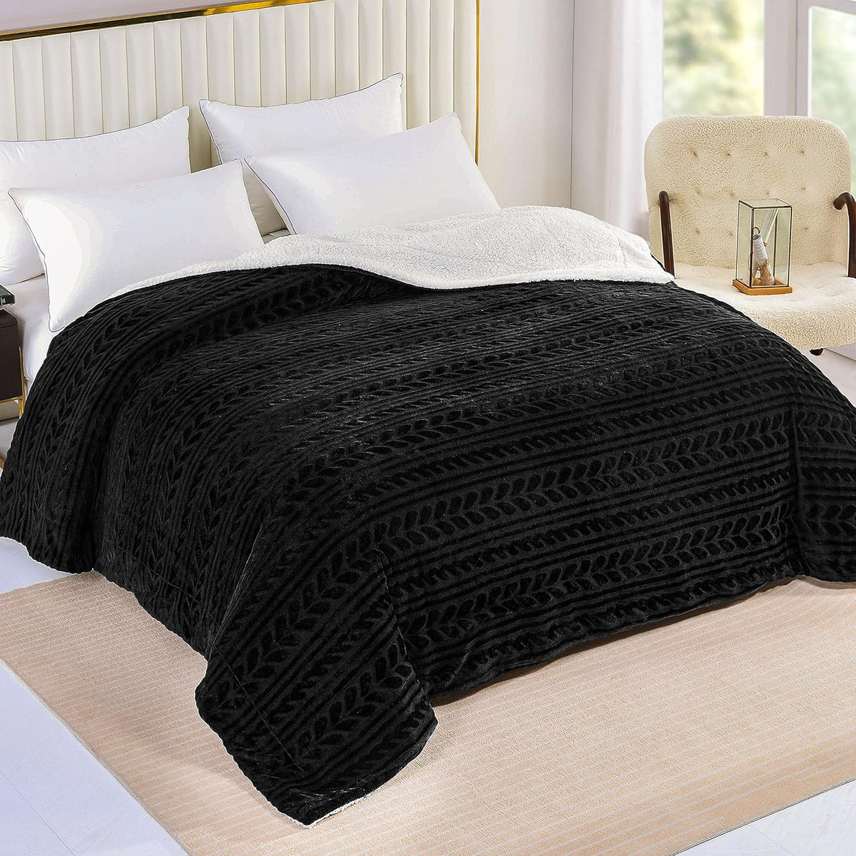 Camel Sherpa Fleece Throw Blanket with Leaves Pattern P935106