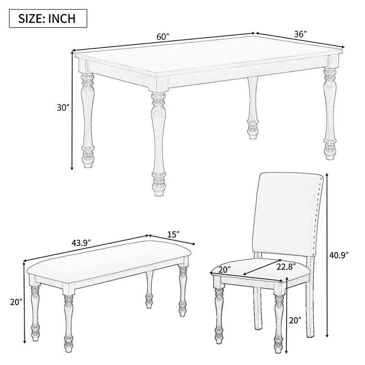 6 Piece Dining Table Set with Wooden Table 4 Upholstered Chairs and Bench H787