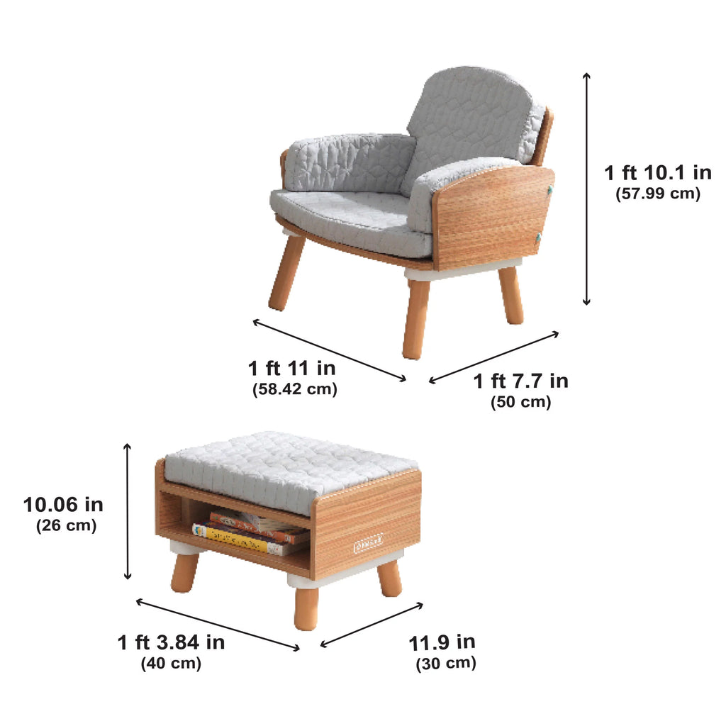 Gray Wooden Reading Chair & Ottoman with Cushions Q8540