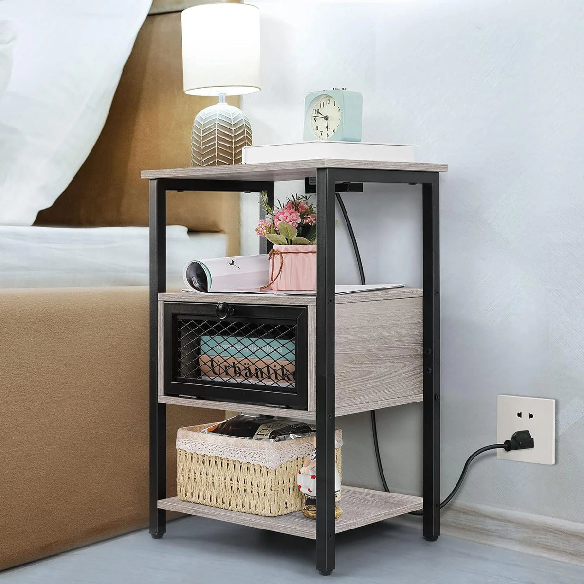 Brown Nightstand with Charging Drawer W43109