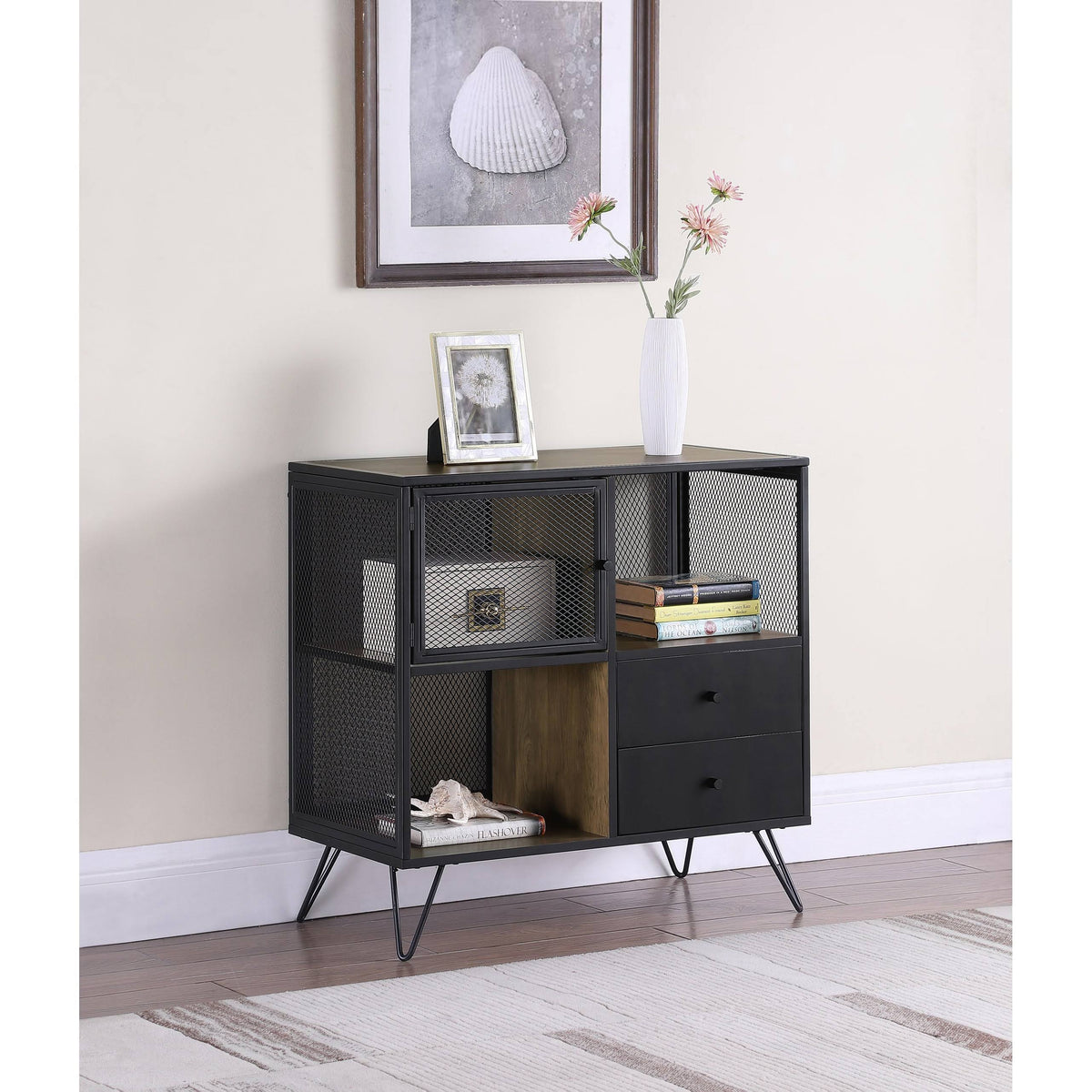 Light Oak Gunmetal Grey Hairpin Leg Accent Cabinet D799474