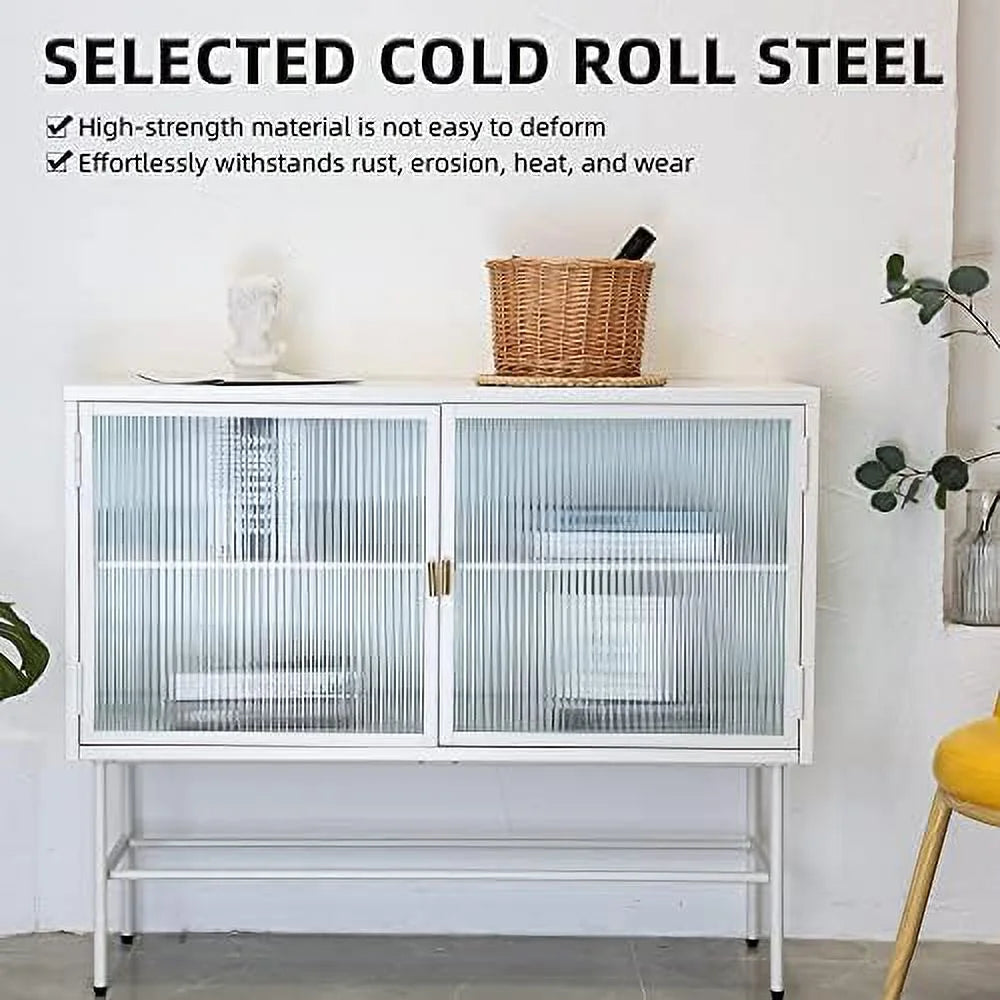 White Fluted Glass Corner Cabinet Sideboard N26279