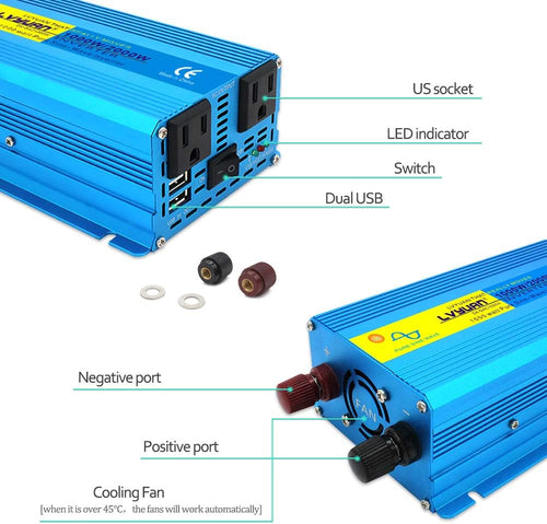 1000W Pure Sine Wave Power Inverter 12V to 110V DC to AC Converter Dual USB Ports Dual AC Outlets Pack of 2 N954533