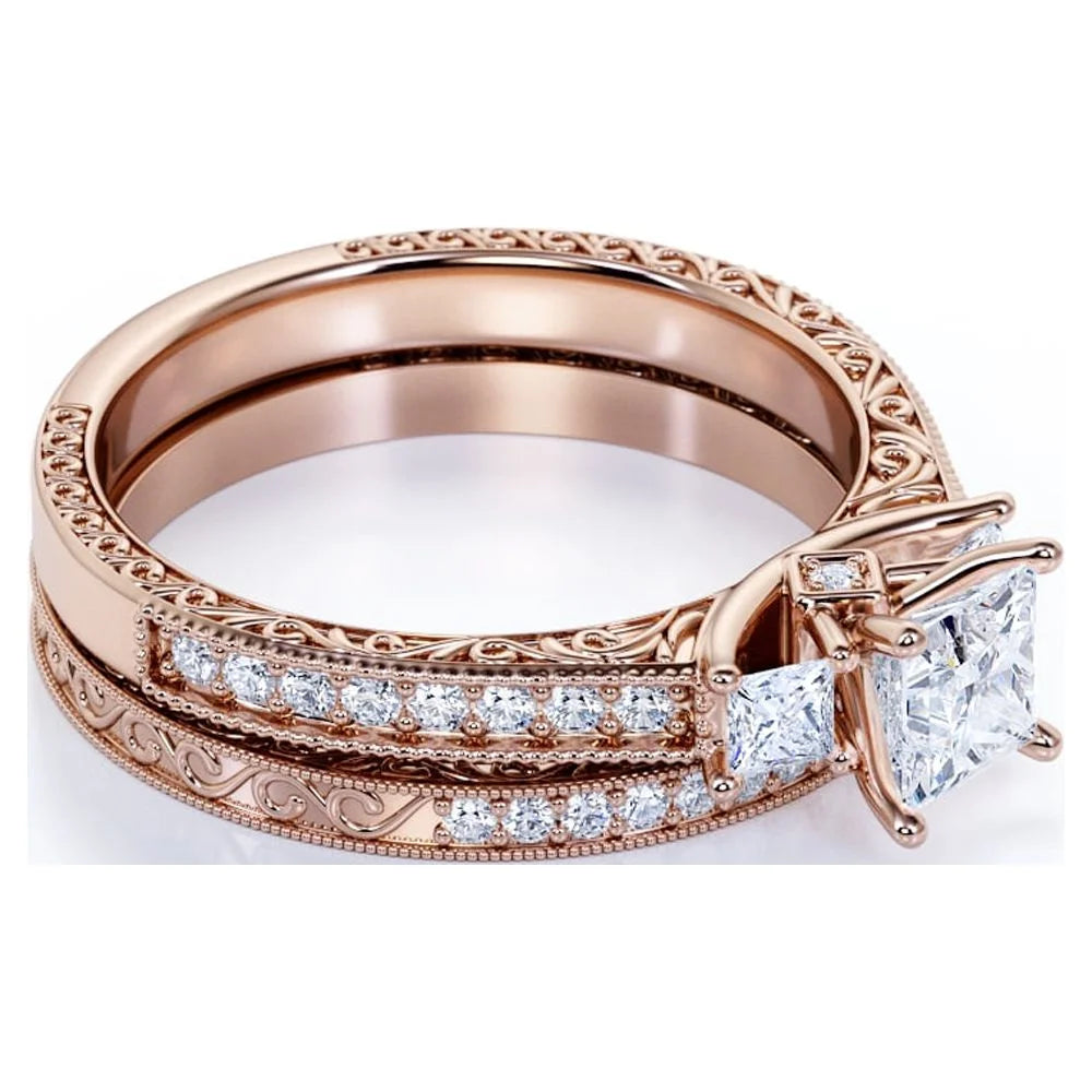 18K Rose Gold over Silver Three Stone Ring Set I186