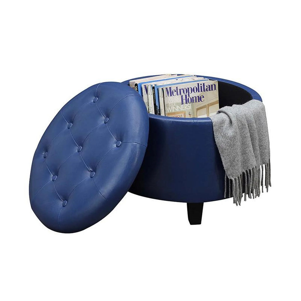 Blue Faux Leather Round Ottoman Q619