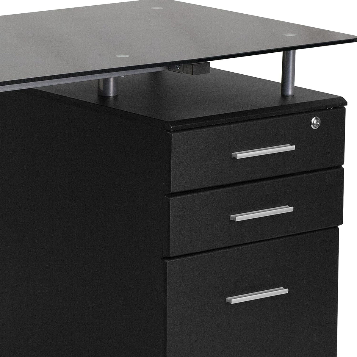 Black Glass Computer Desk with Three Drawer Pedestal U47071