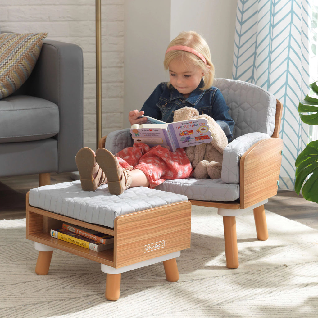 Gray Wooden Reading Chair & Ottoman with Cushions Q8540
